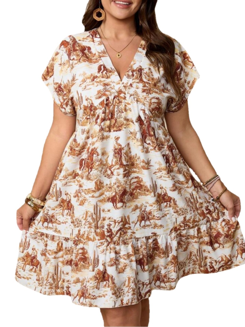 White and Brown Western Print V-Neck Swing Dress
